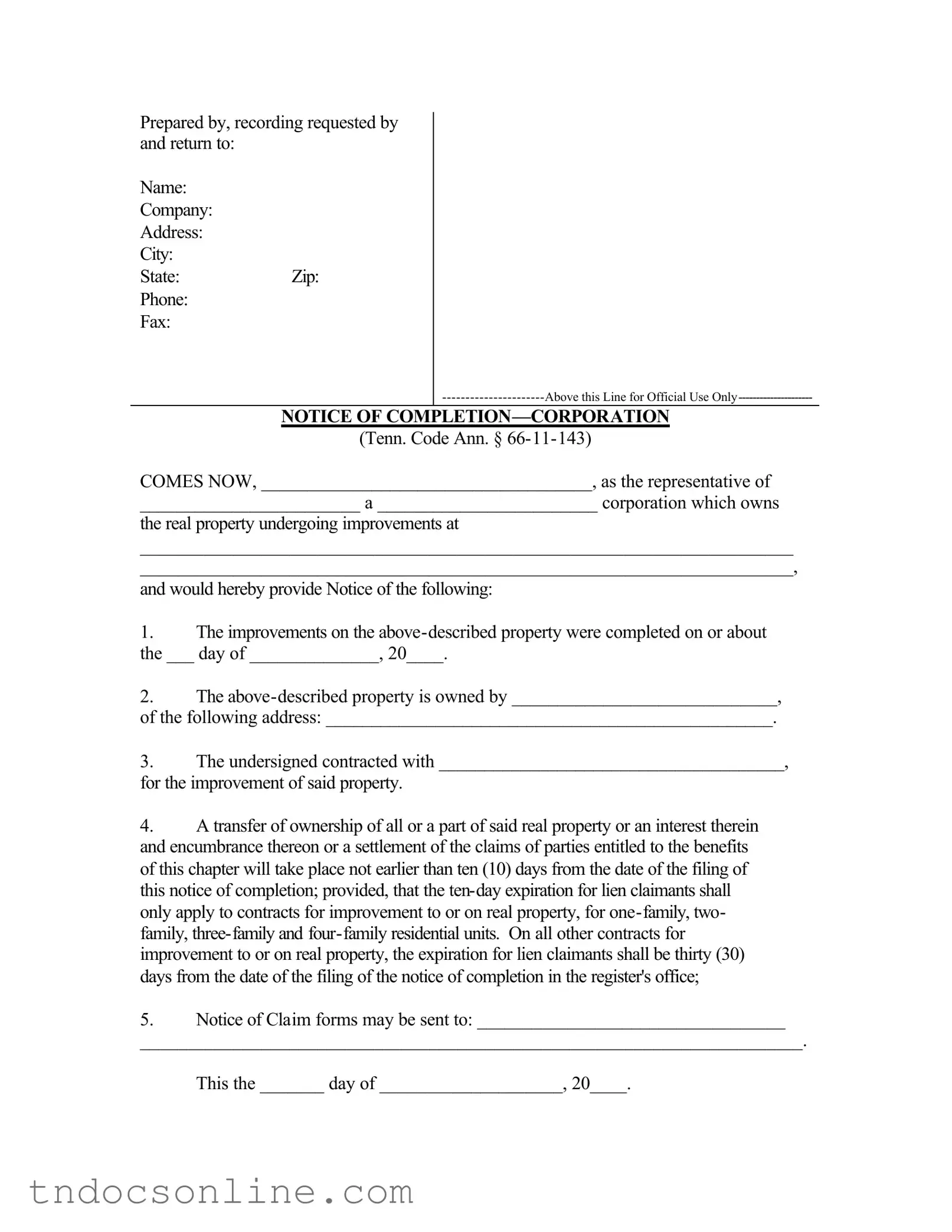 Download Notice Completion Tennessee Template in PDF