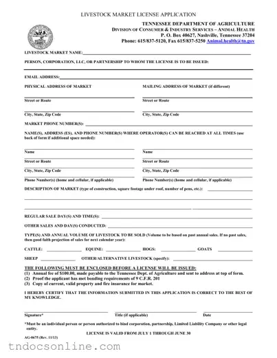 Download Tennessee Ag 0675 Template in PDF