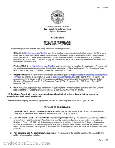Download Tennessee Articles Organization Template in PDF
