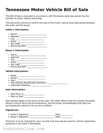 Valid Motor Vehicle Bill of Sale Document for the State of Tennessee