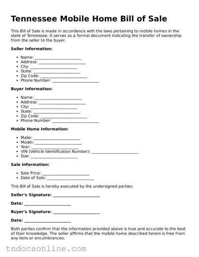Valid Mobile Home Bill of Sale Document for the State of Tennessee