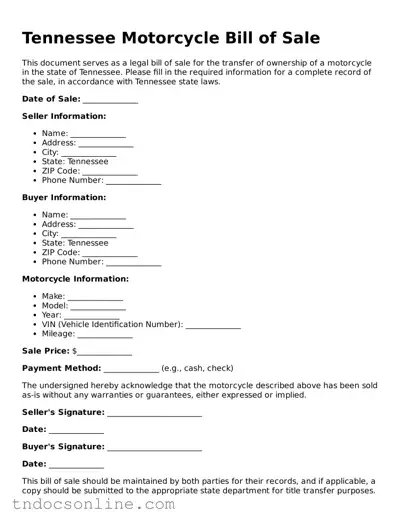 Valid Motorcycle Bill of Sale Document for the State of Tennessee