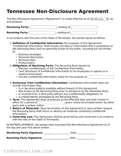 Valid Non-disclosure Agreement Document for the State of Tennessee