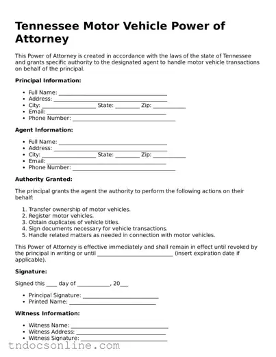 Valid Motor Vehicle Power of Attorney Document for the State of Tennessee