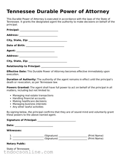 Valid Durable Power of Attorney Document for the State of Tennessee