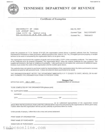 Download Tennessee Exemption Certificate Template in PDF