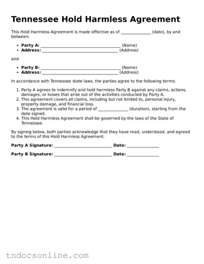 Valid Hold Harmless Agreement Document for the State of Tennessee