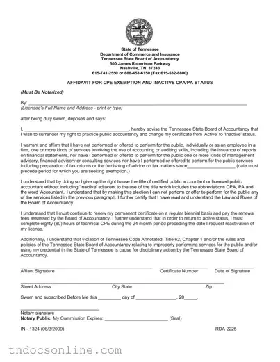 Download Tennessee In 1324 Template in PDF