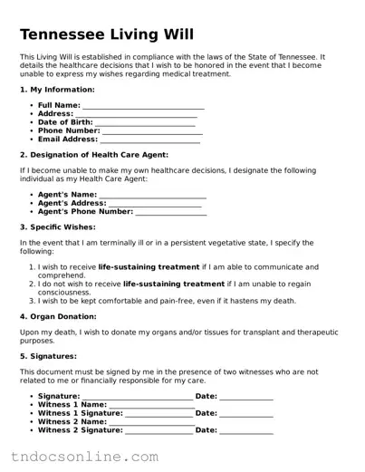 Valid Living Will Document for the State of Tennessee