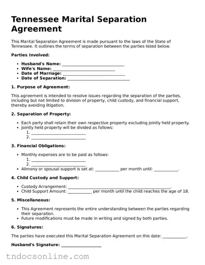 Valid Marital Separation Agreement Document for the State of Tennessee