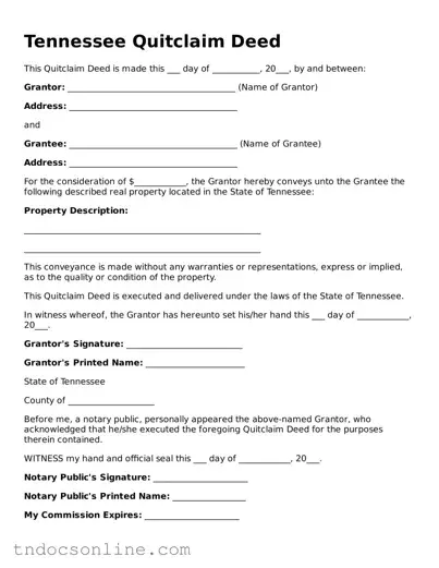 Valid Quitclaim Deed Document for the State of Tennessee