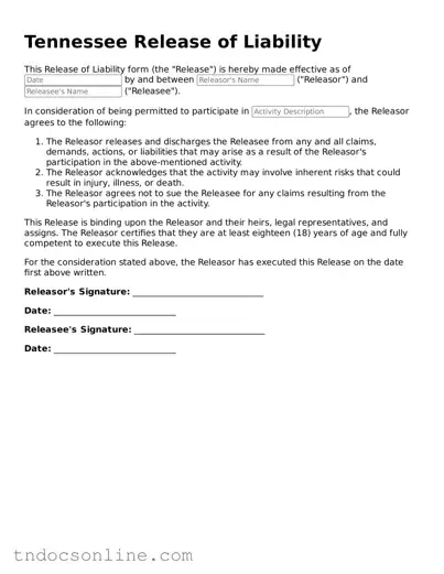 Valid Release of Liability Document for the State of Tennessee