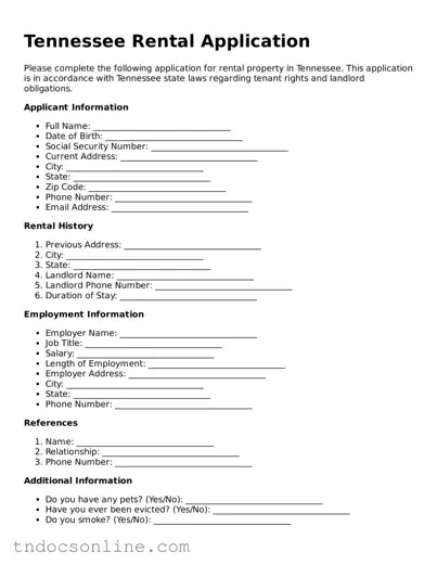 Valid Rental Application Document for the State of Tennessee