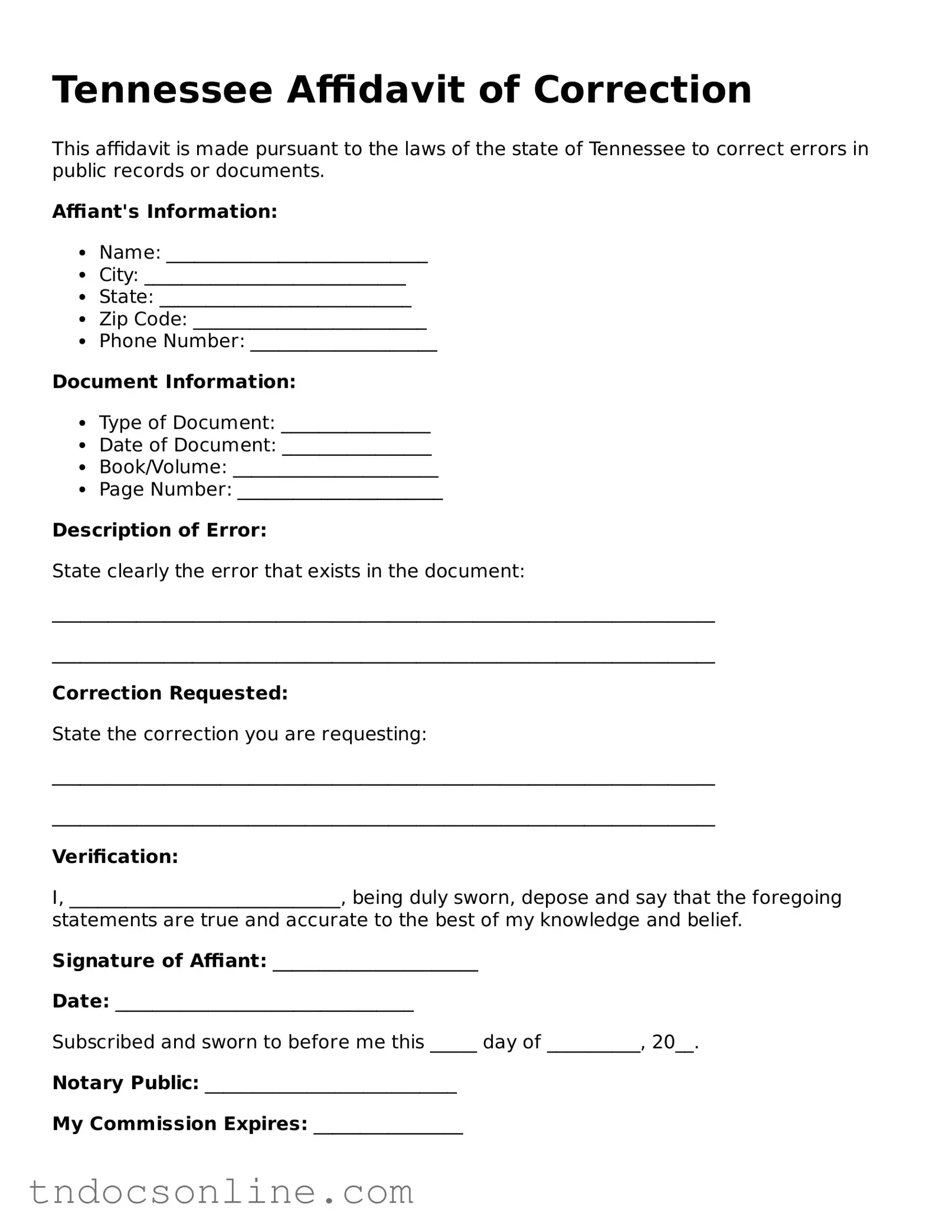 Valid Affidavit of Correction Document for the State of Tennessee