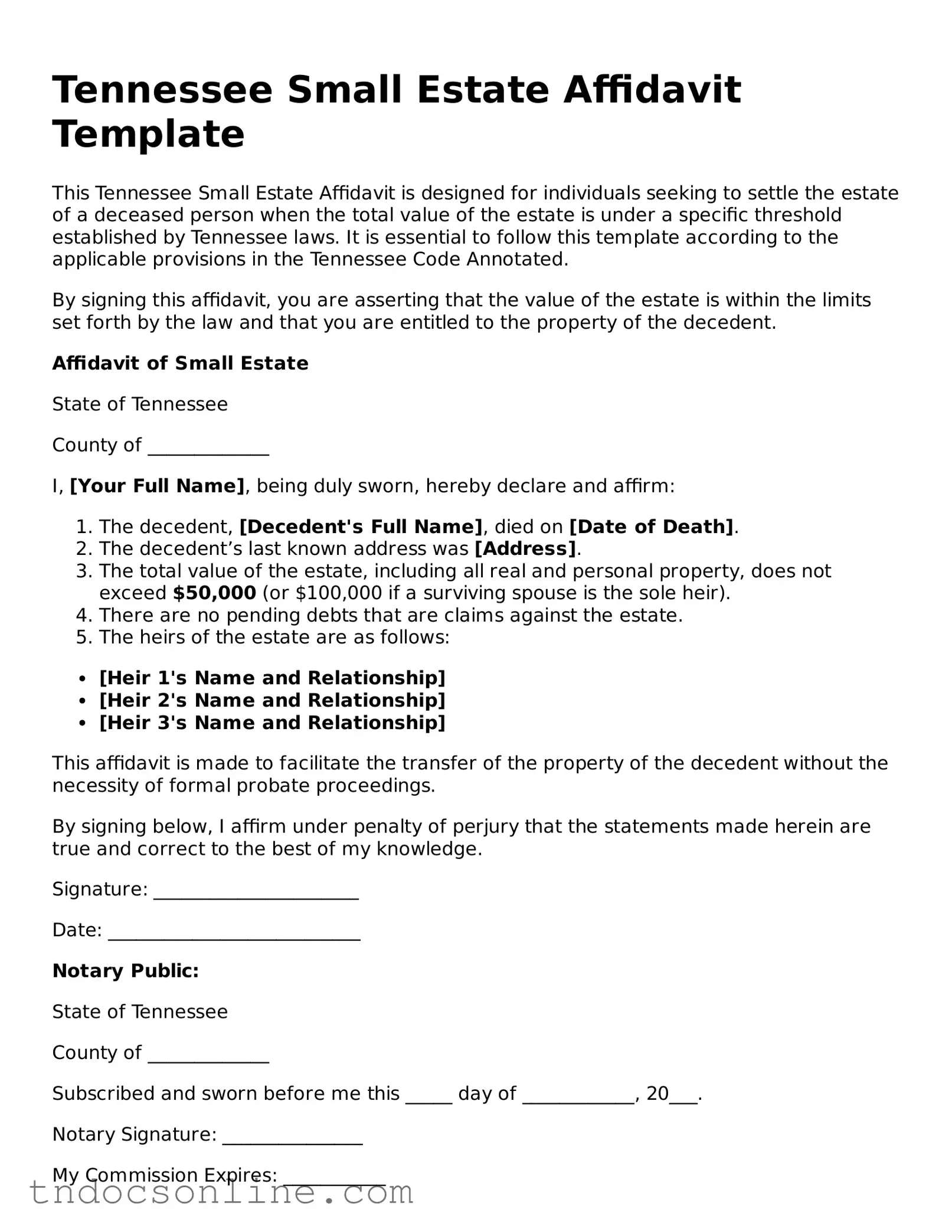 Valid Small Estate Affidavit Document for the State of Tennessee