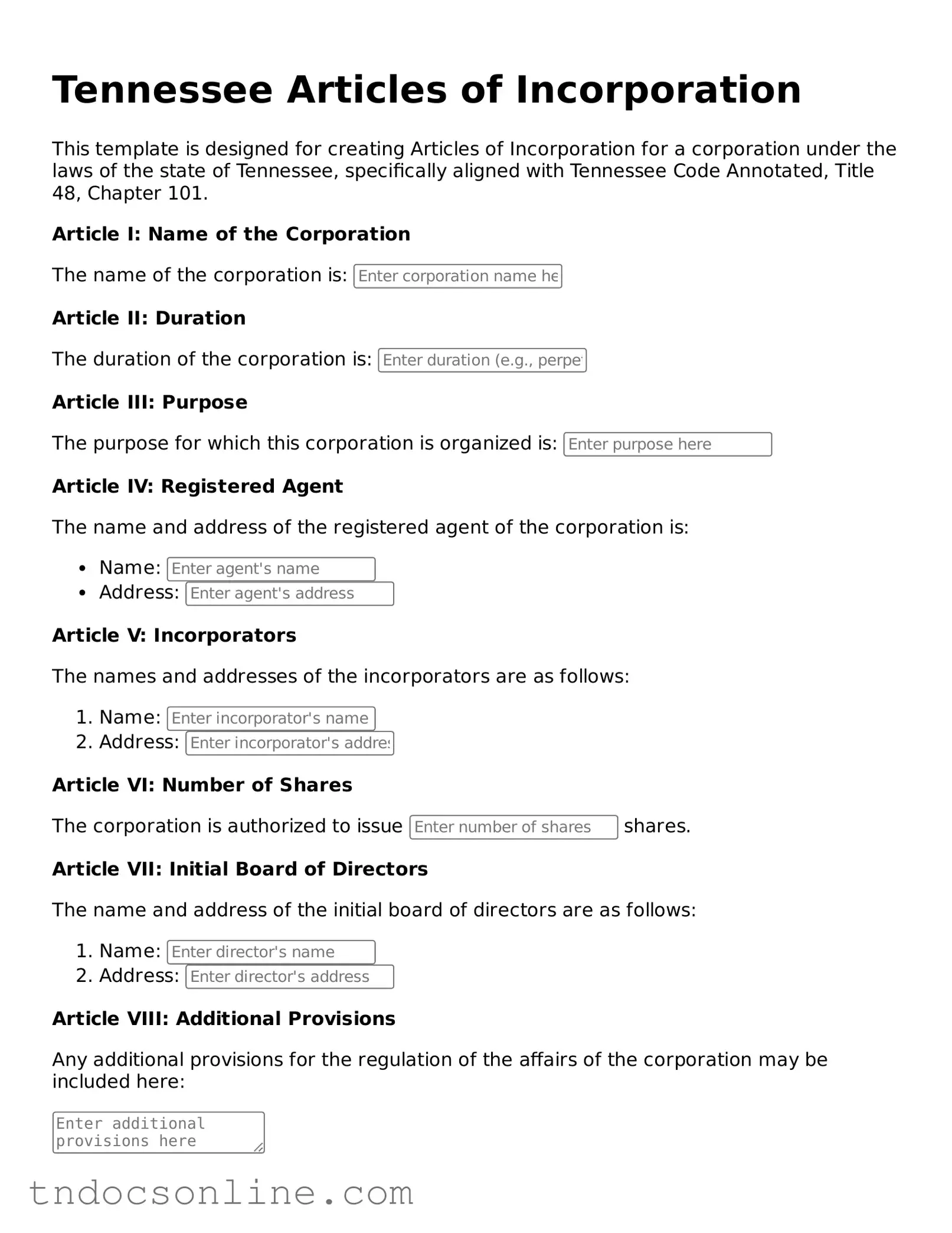 Valid Articles of Incorporation Document for the State of Tennessee