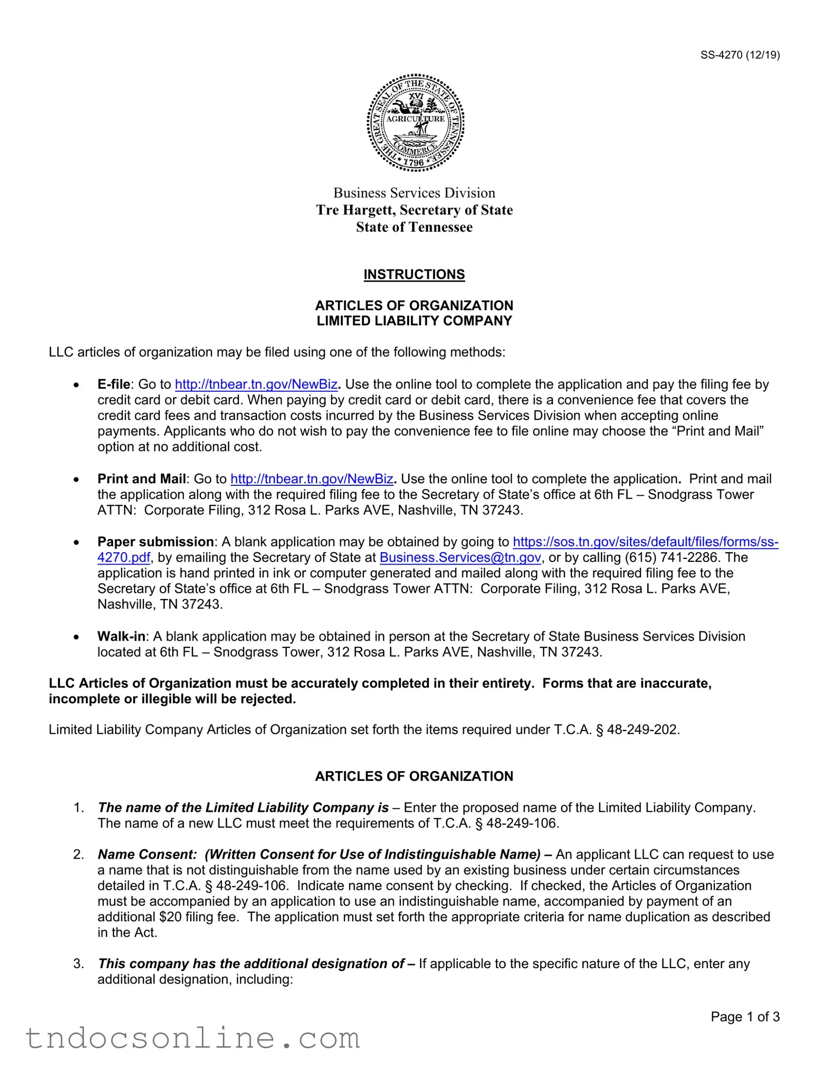 Download Tennessee Articles Organization Template in PDF