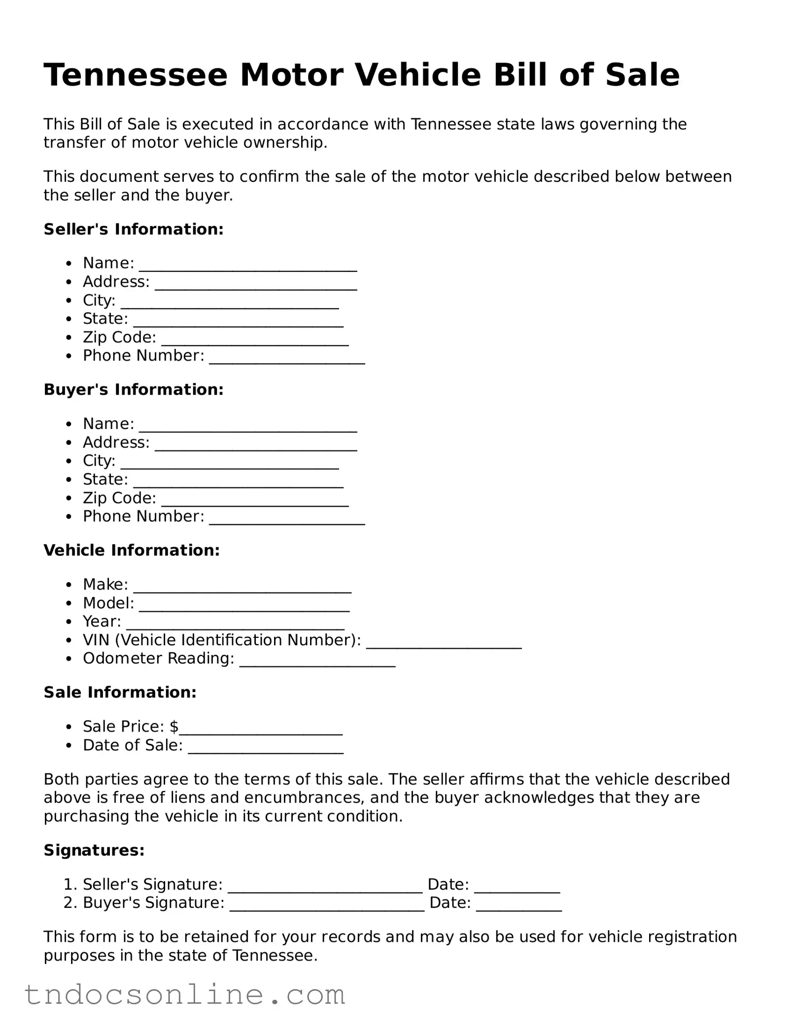 Valid Motor Vehicle Bill of Sale Document for the State of Tennessee