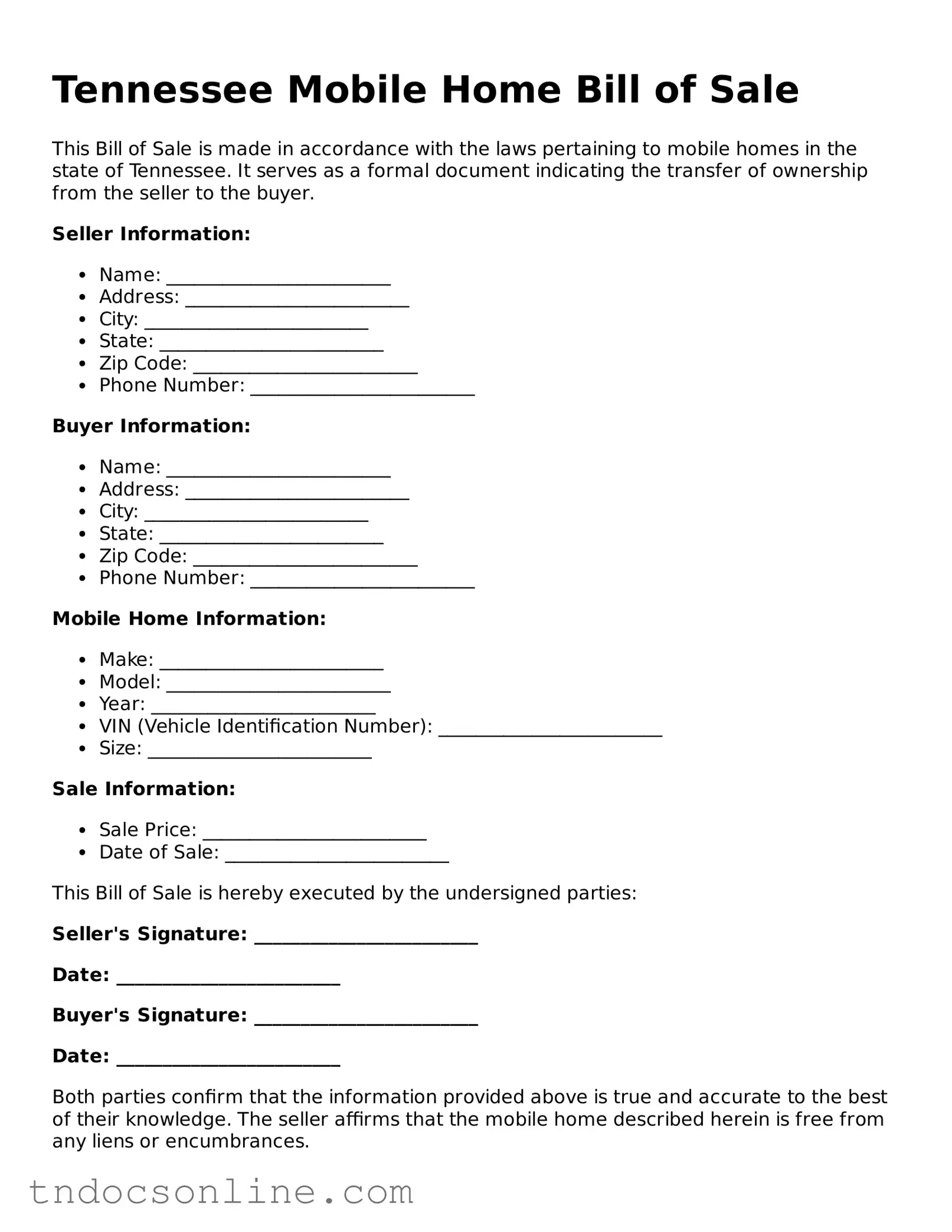 Valid Mobile Home Bill of Sale Document for the State of Tennessee