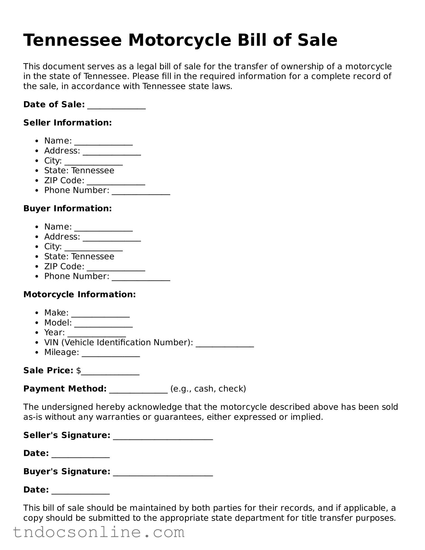 Valid Motorcycle Bill of Sale Document for the State of Tennessee