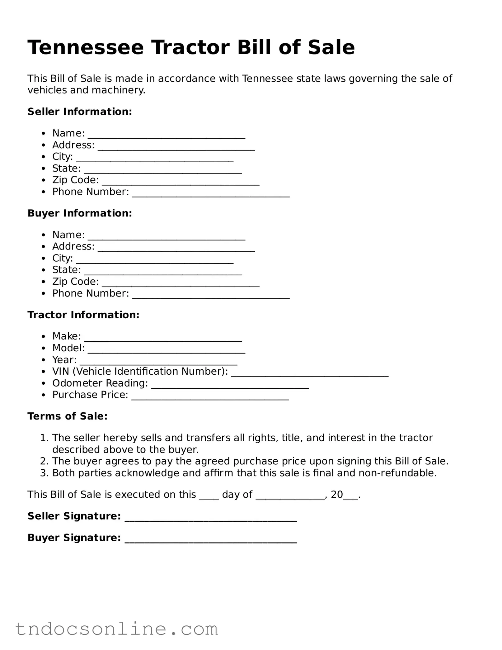 Valid Tractor Bill of Sale Document for the State of Tennessee