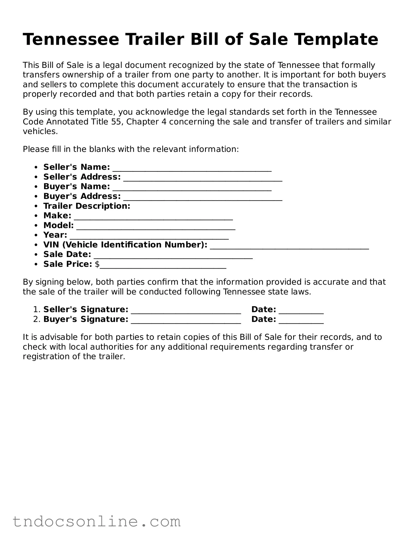 Valid Trailer Bill of Sale Document for the State of Tennessee