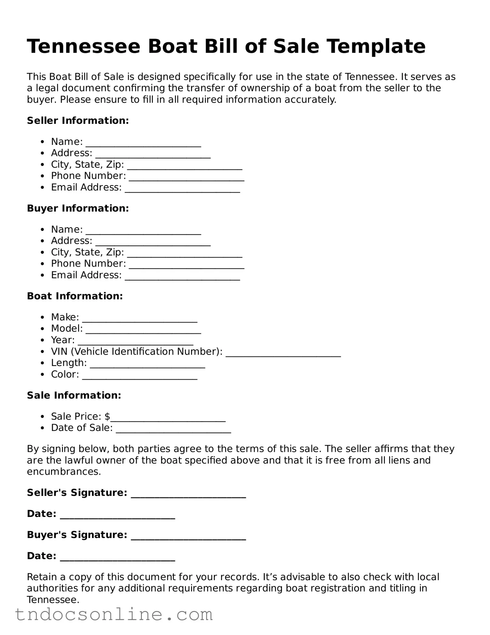 Valid Boat Bill of Sale Document for the State of Tennessee