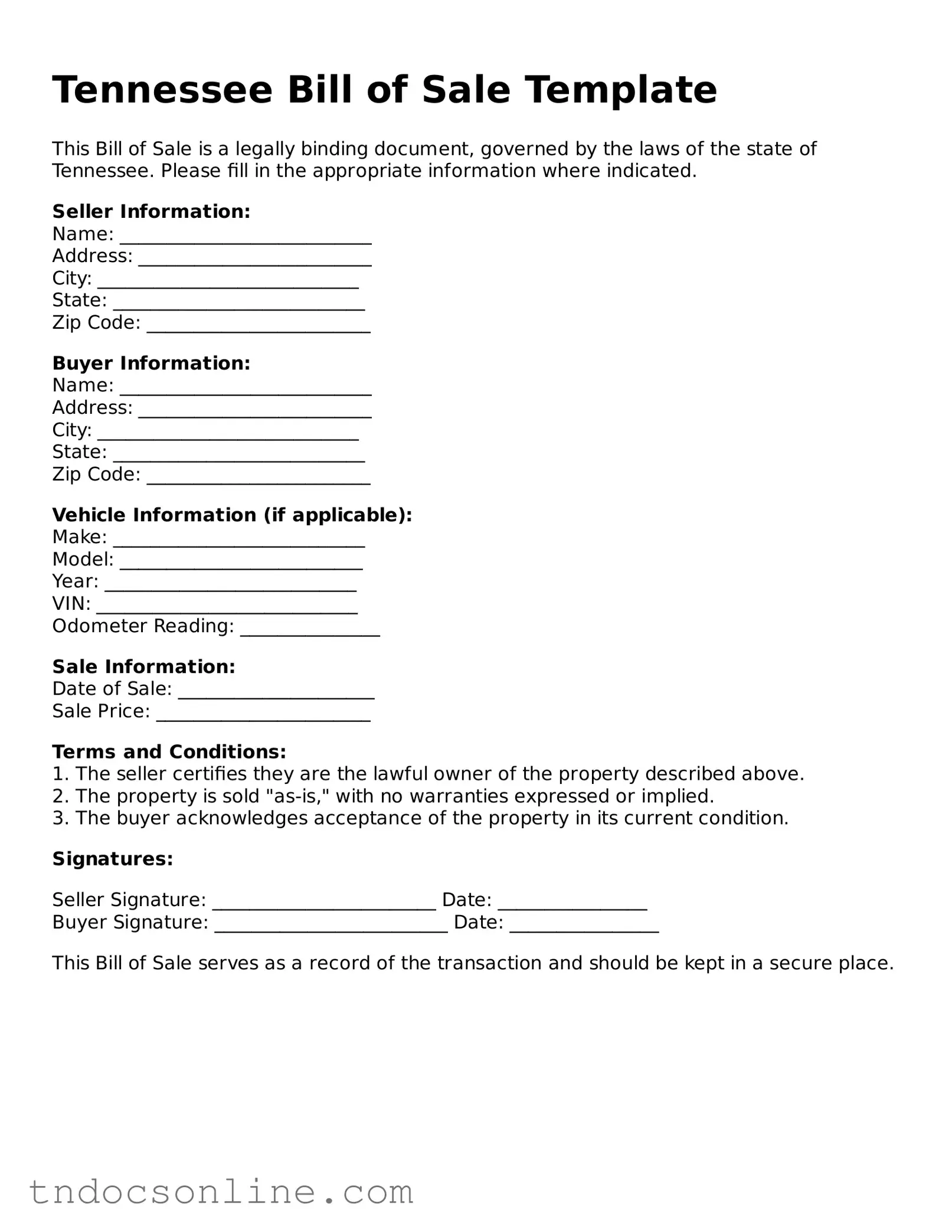 Valid Bill of Sale Document for the State of Tennessee