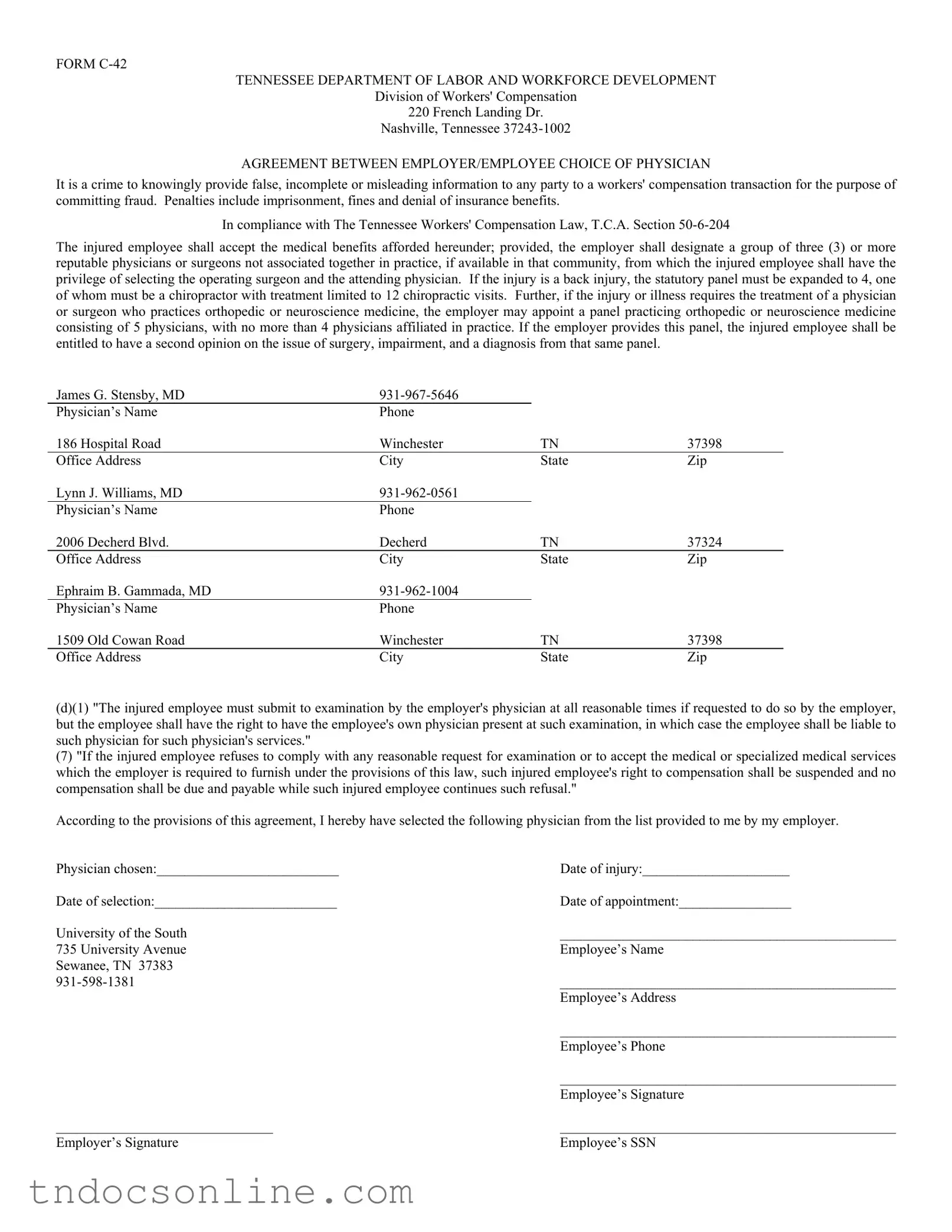 Download Tennessee C 42 Template in PDF