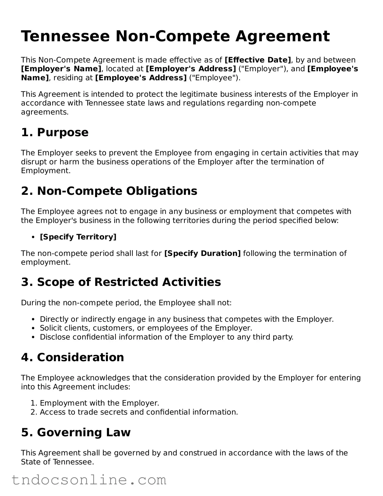 Valid Non-compete Agreement Document for the State of Tennessee