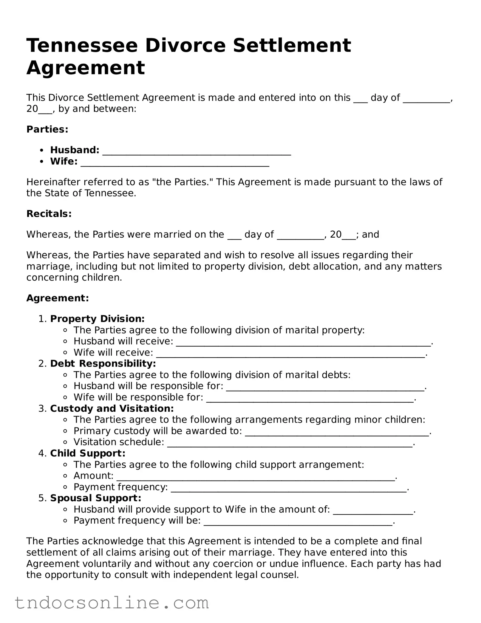 Valid Divorce Settlement Agreement Document for the State of Tennessee