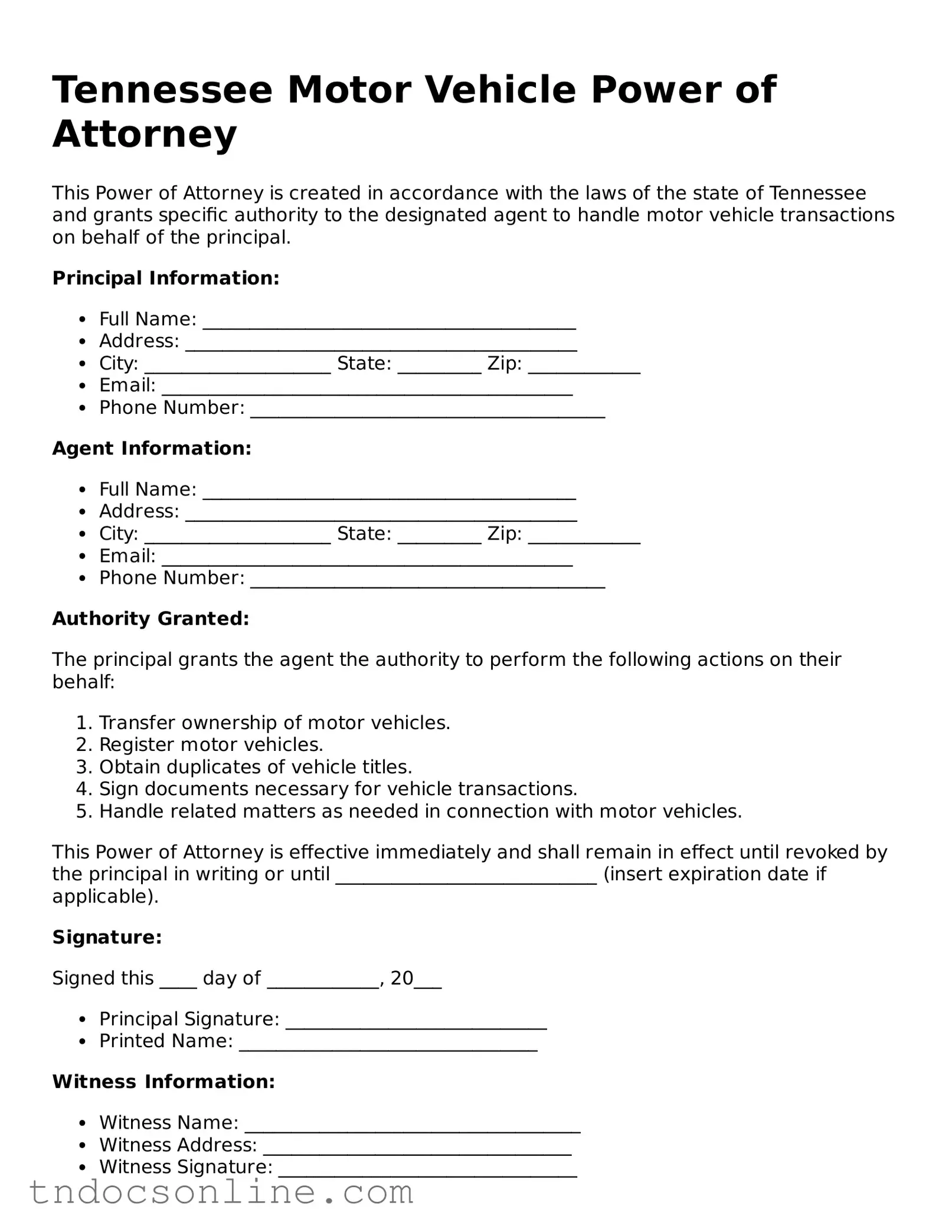 Valid Motor Vehicle Power of Attorney Document for the State of Tennessee