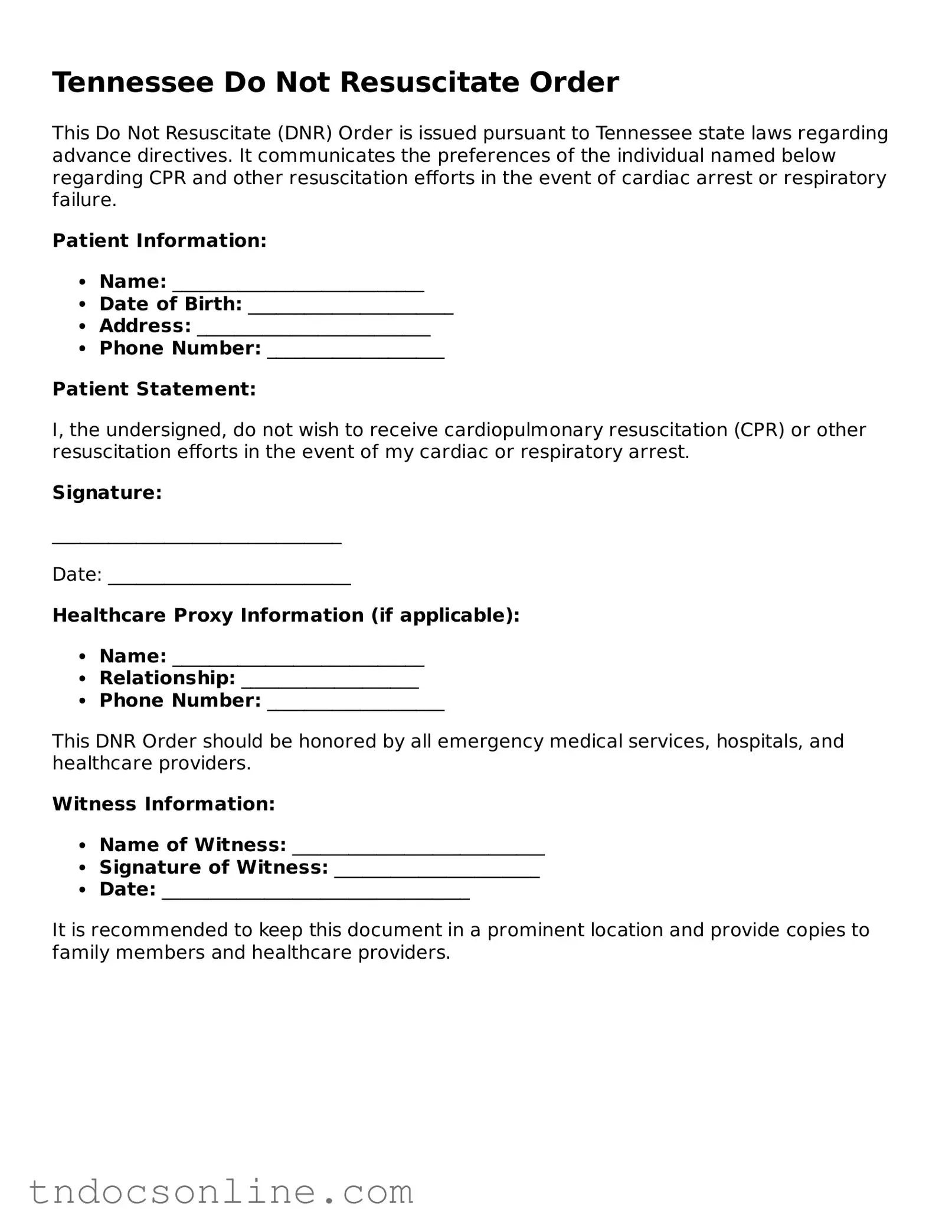 Valid Do Not Resuscitate Order Document for the State of Tennessee