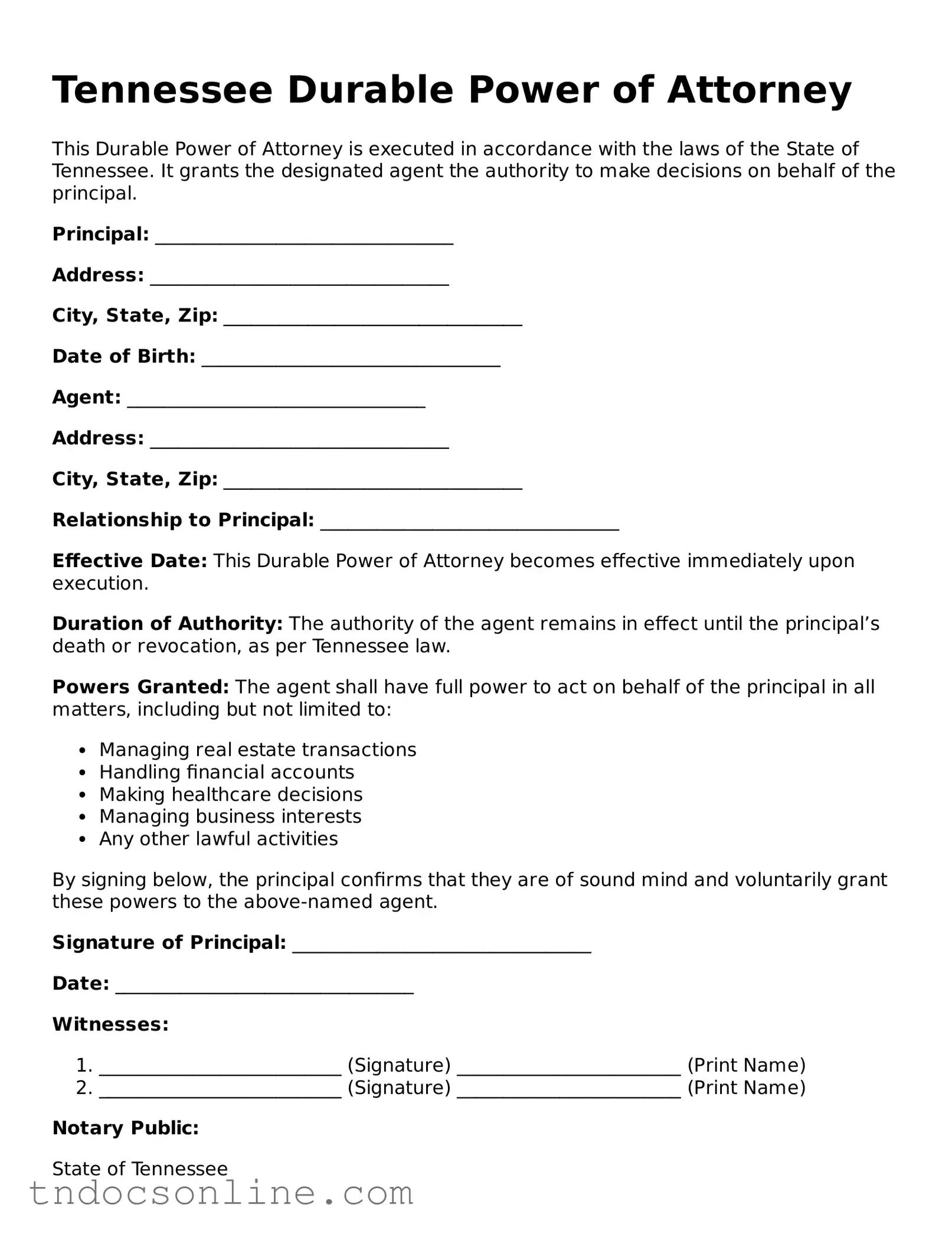 Valid Durable Power of Attorney Document for the State of Tennessee
