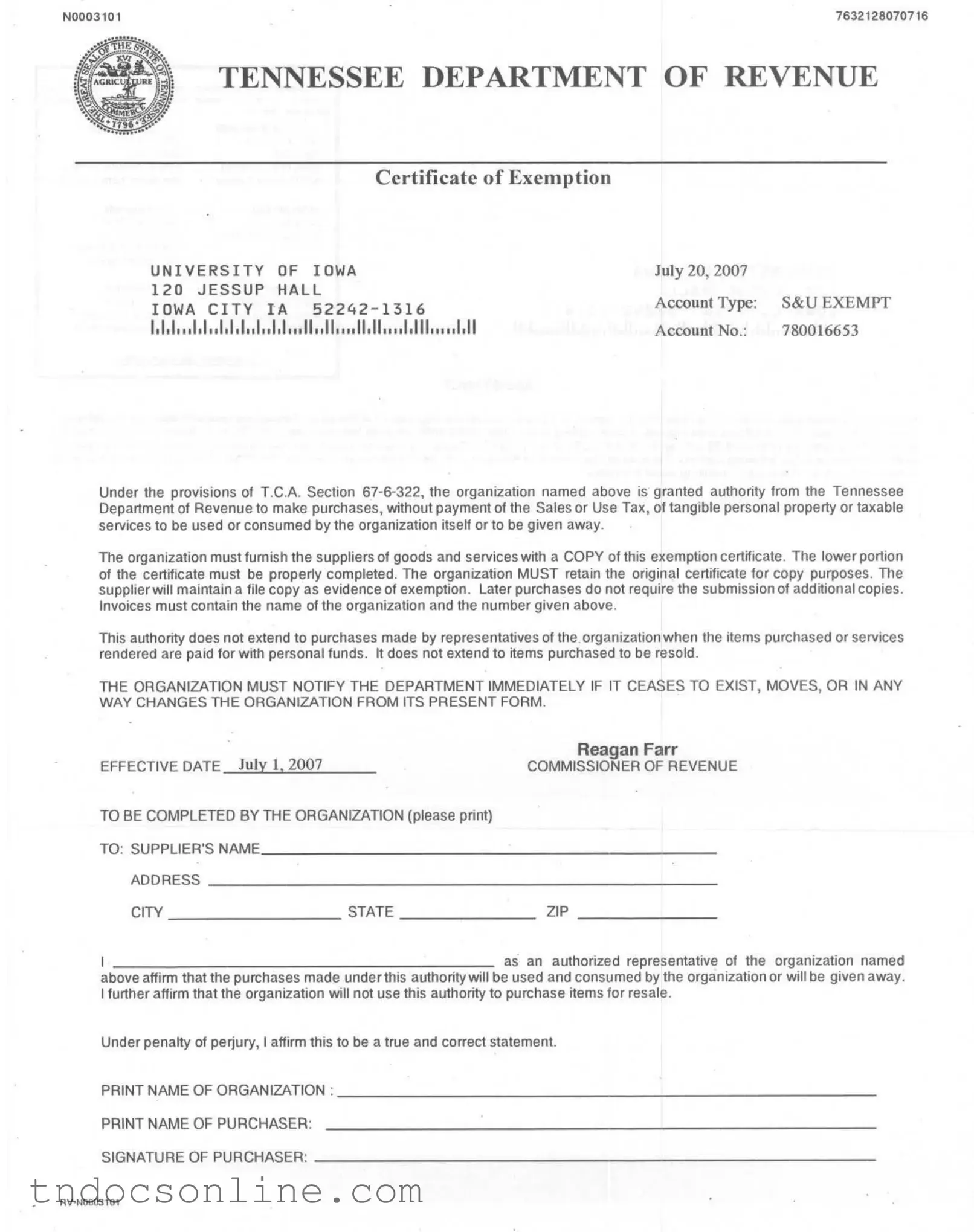 Download Tennessee Exemption Certificate Template in PDF