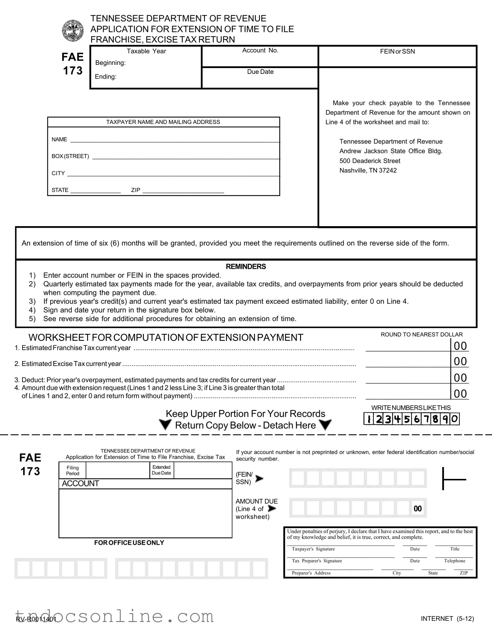 Download Tennessee Fae 173 Template in PDF