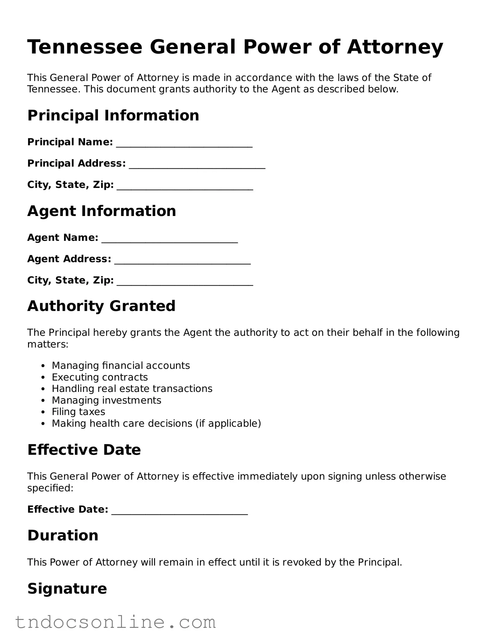 Valid General Power of Attorney Document for the State of Tennessee