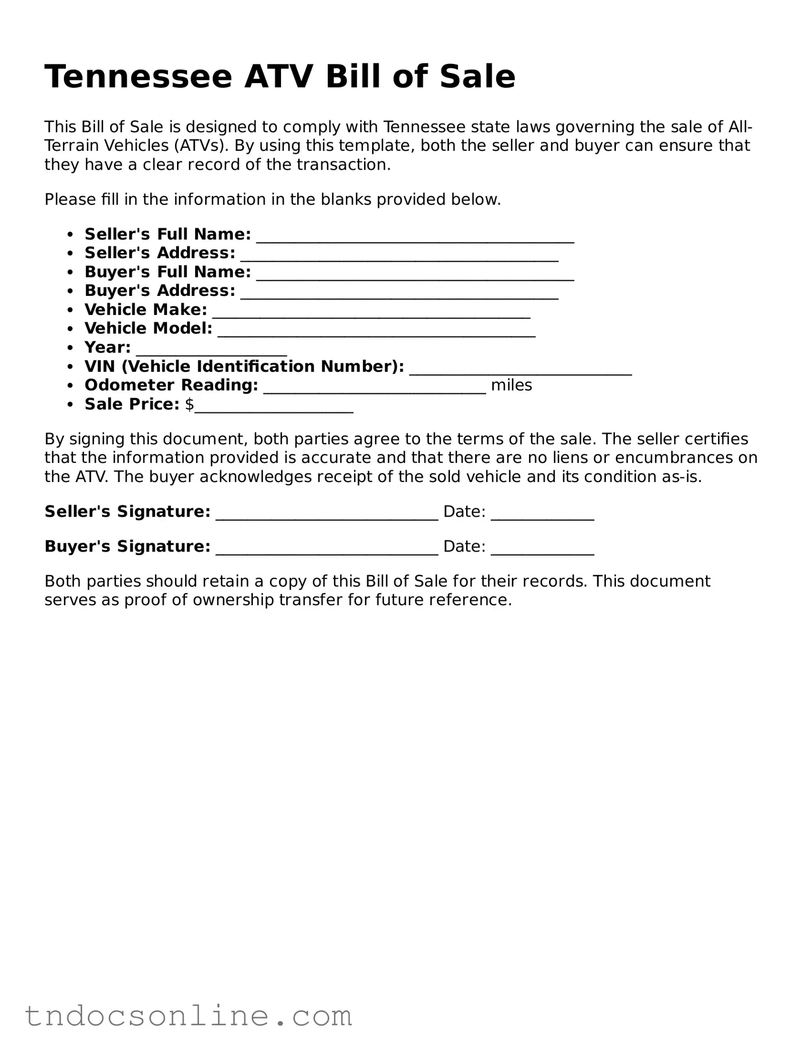 Valid ATV Bill of Sale Document for the State of Tennessee