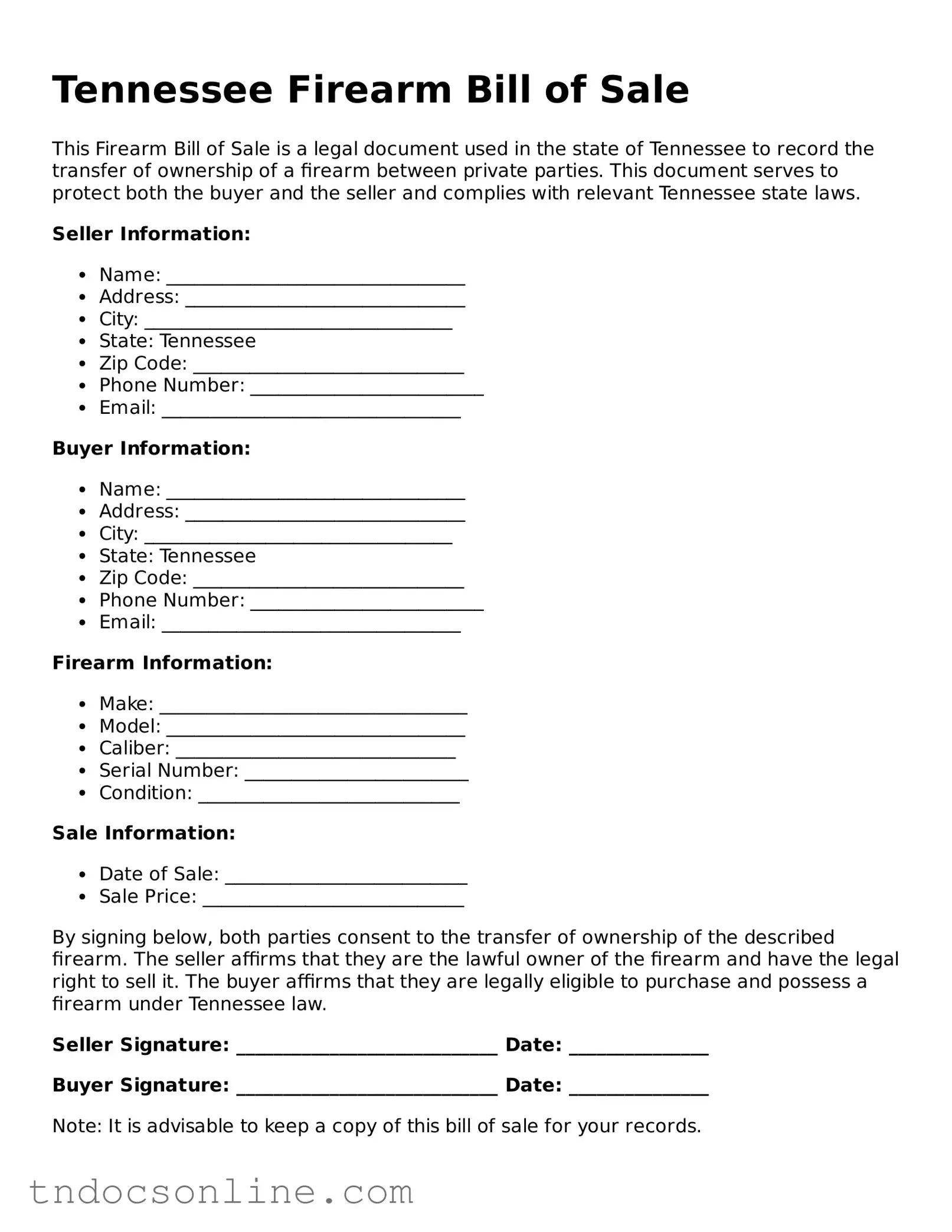 Valid Firearm Bill of Sale Document for the State of Tennessee