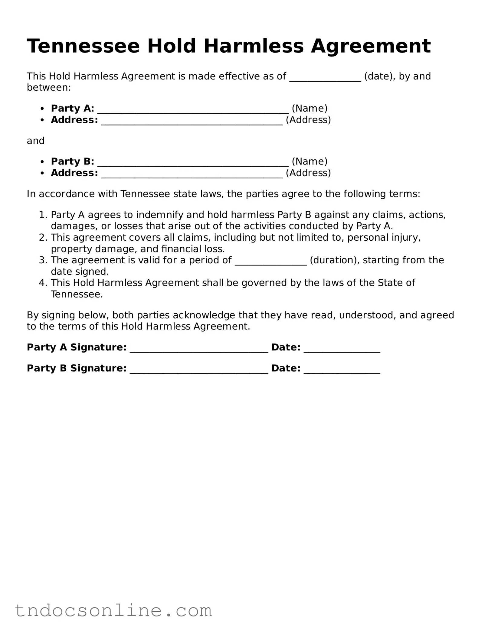 Valid Hold Harmless Agreement Document for the State of Tennessee