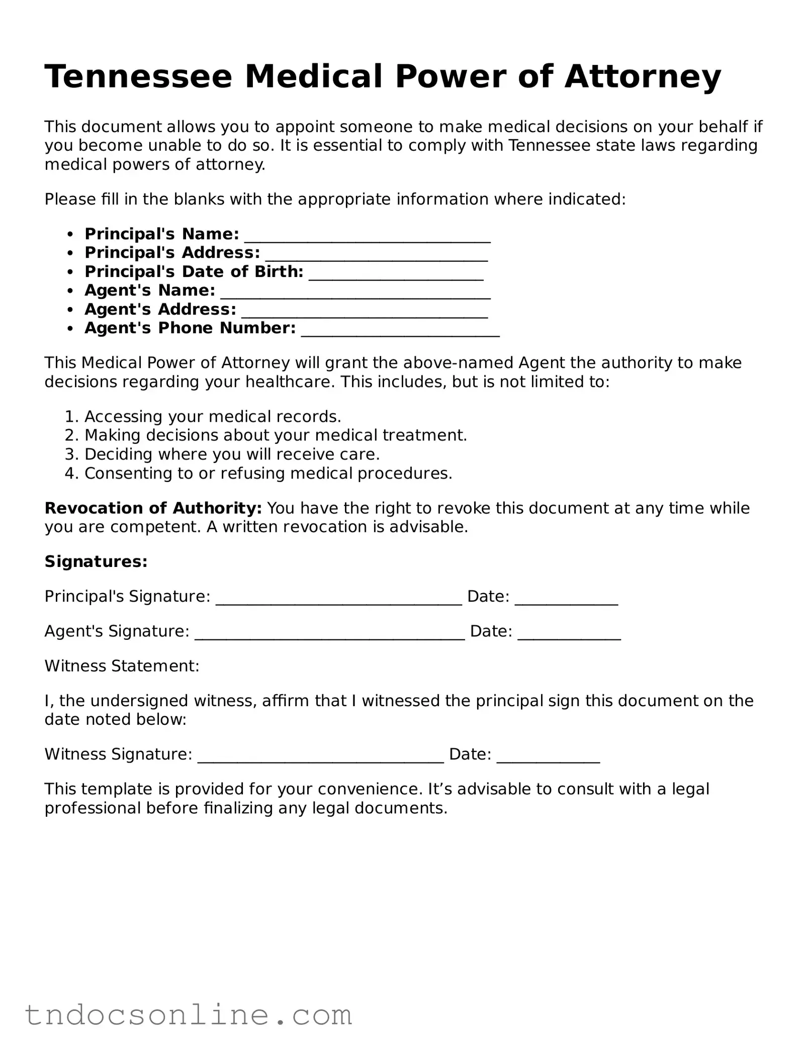 Valid Medical Power of Attorney Document for the State of Tennessee