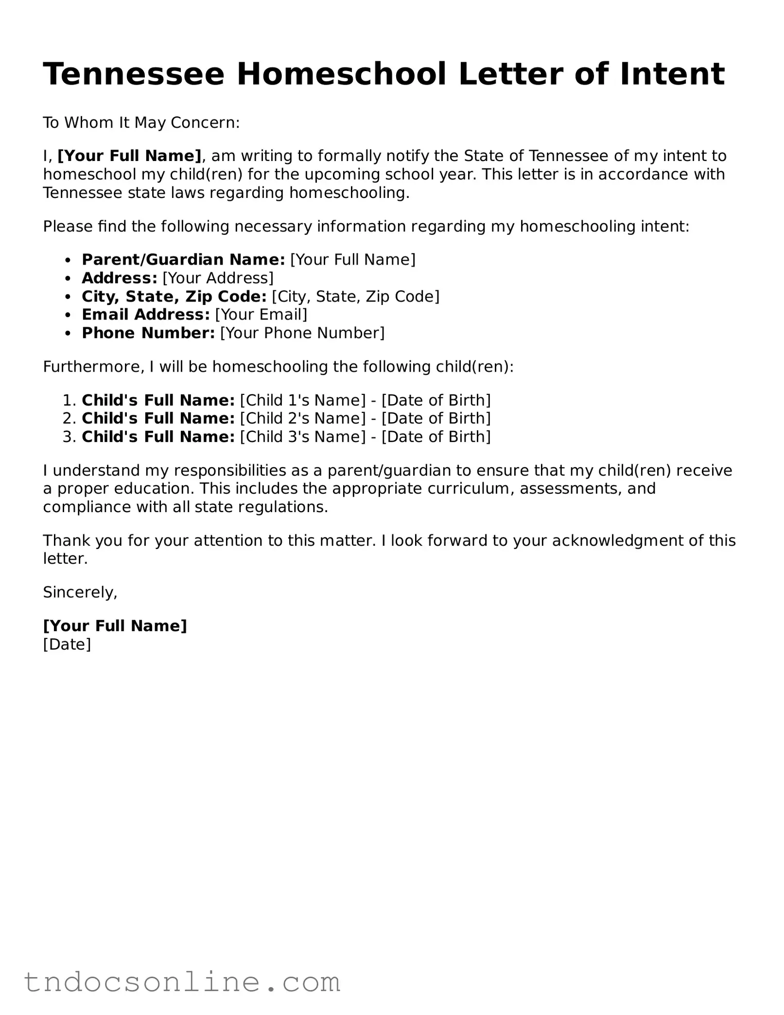 Valid Homeschool Letter of Intent Document for the State of Tennessee