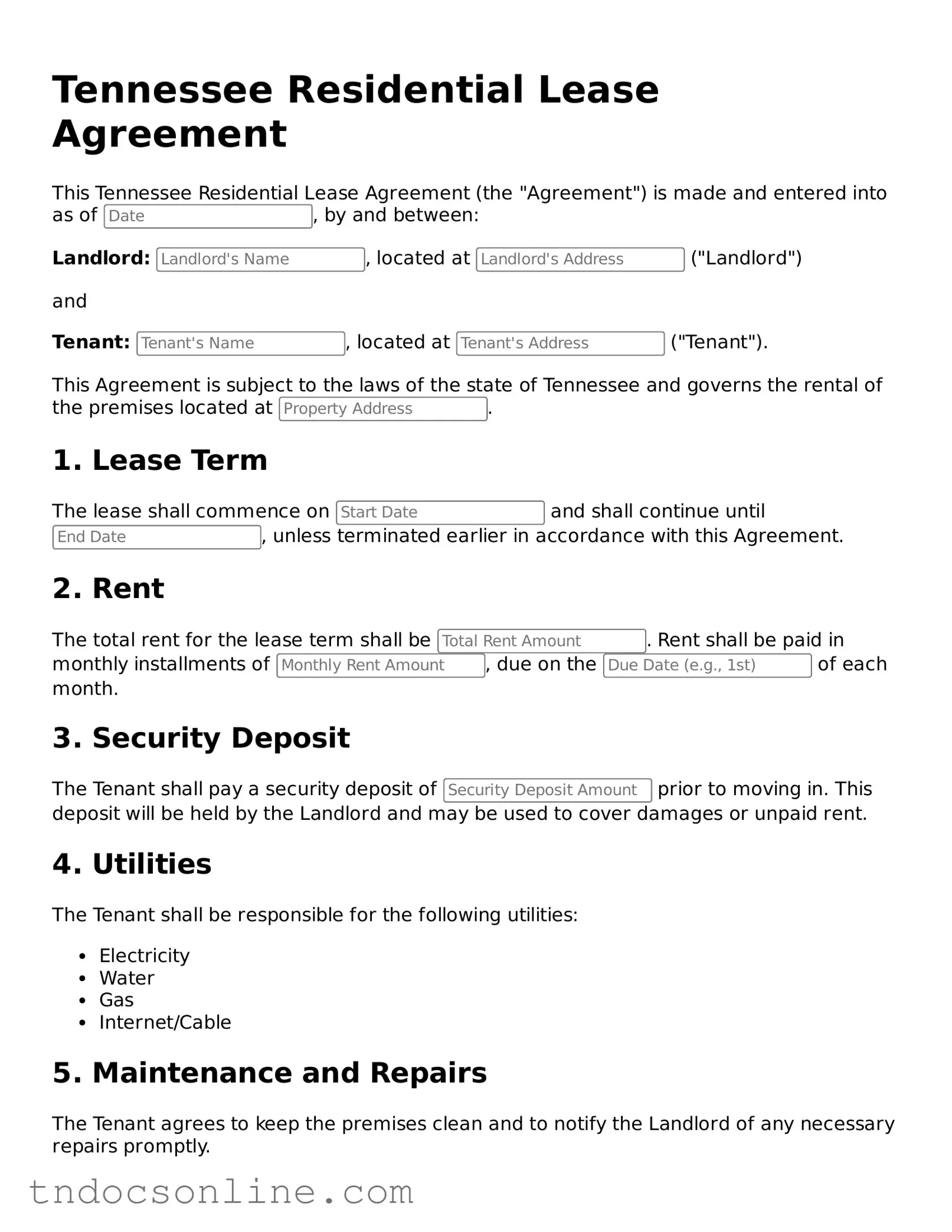 Valid Residential Lease Agreement Document for the State of Tennessee