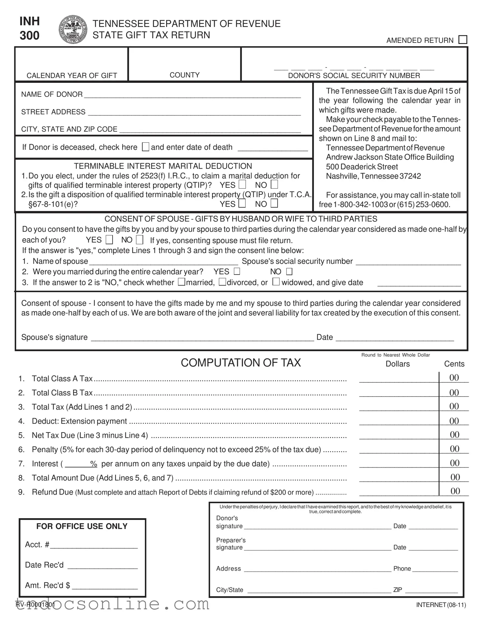 Download Tennessee Inh 300 Template in PDF