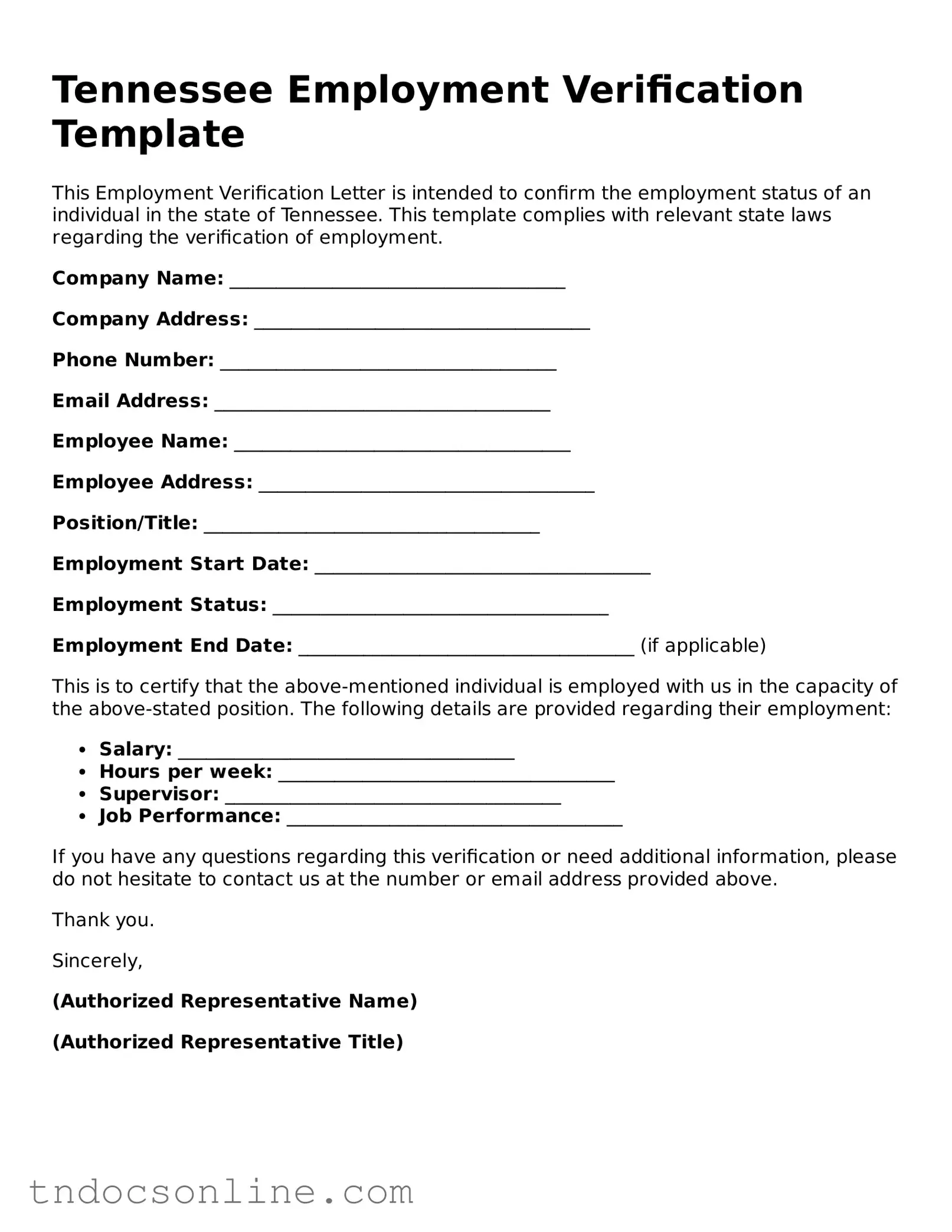 Valid Employment Verification Document for the State of Tennessee