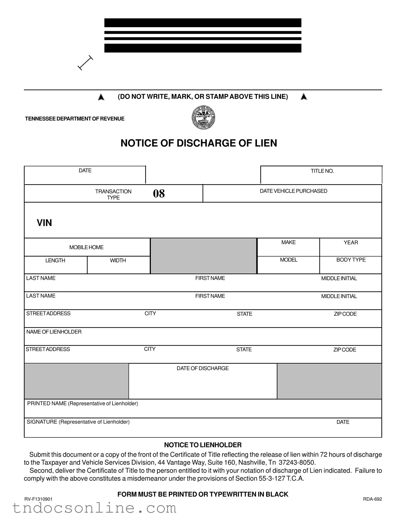 Download Tennessee Lien Discharge Template in PDF