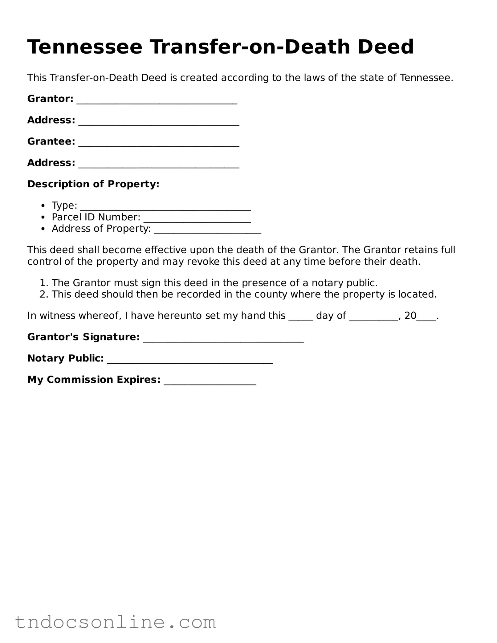 Valid Transfer-on-Death Deed Document for the State of Tennessee