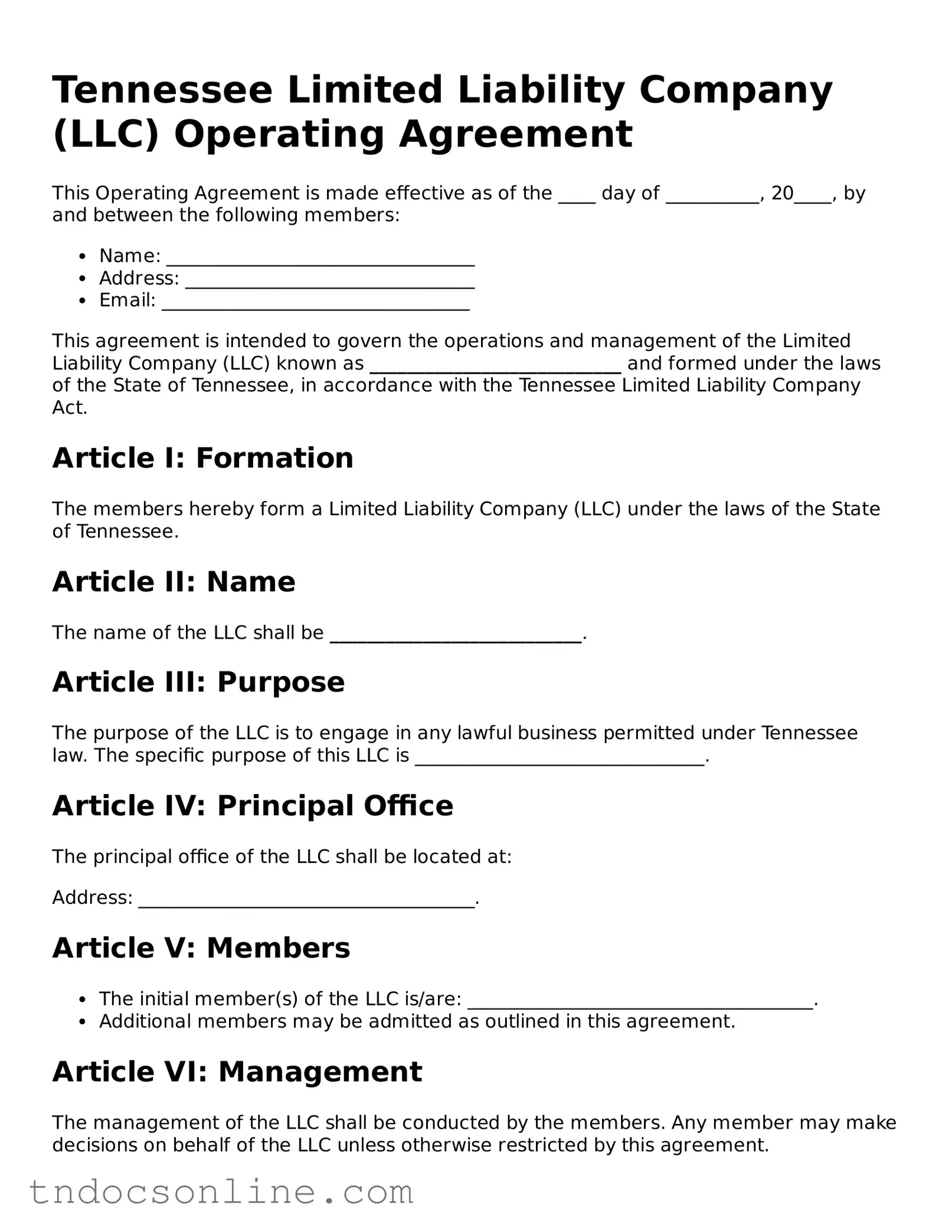 Valid Operating Agreement Document for the State of Tennessee
