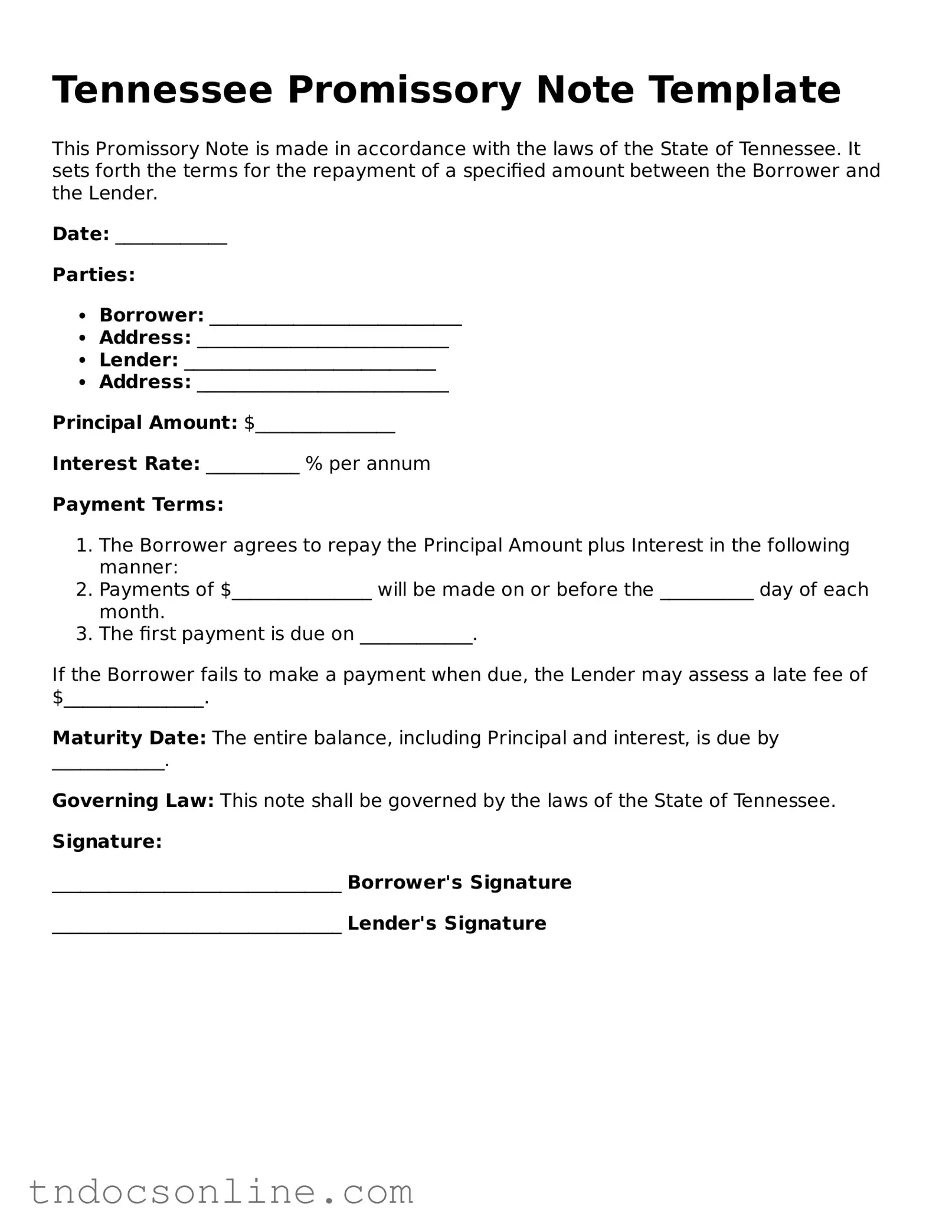 Valid Promissory Note Document for the State of Tennessee