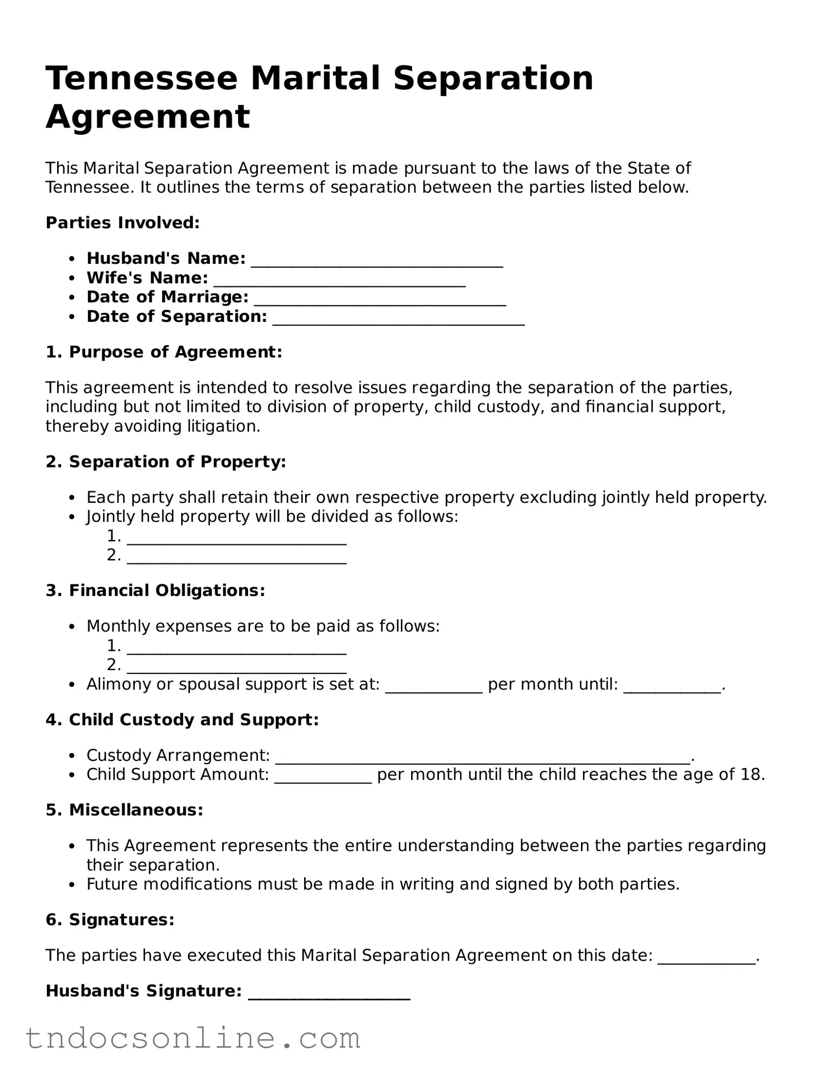 Valid Marital Separation Agreement Document for the State of Tennessee